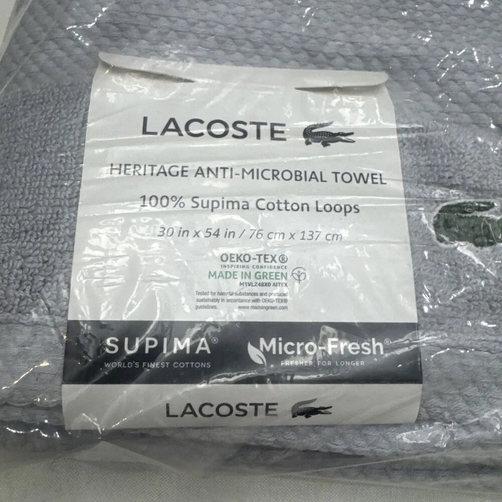 LOT OF 7: Lacoste Heritage Supima Bath Towel Microchip Gray 30x54 Brand New